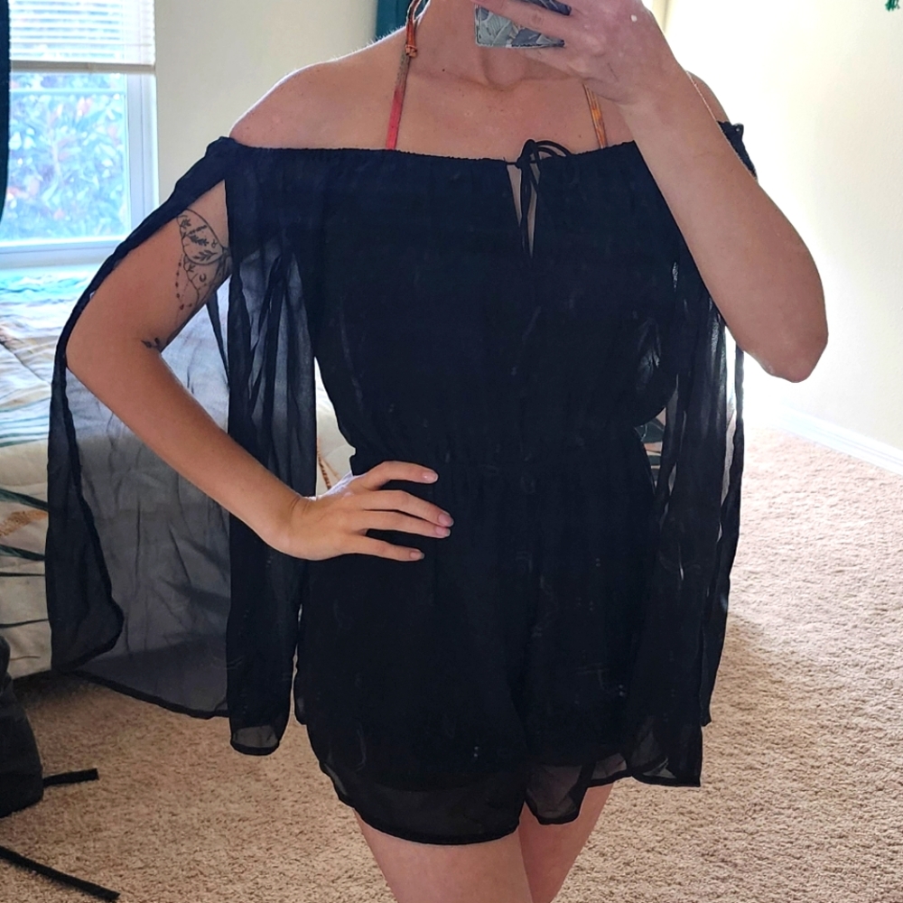 Chic Black Off-Shoulder Sheer Romper